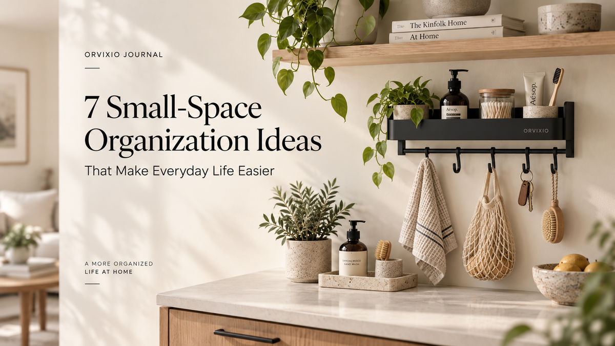 Orvixio small-space organization ideas blog cover featuring a wall-mounted home organizer