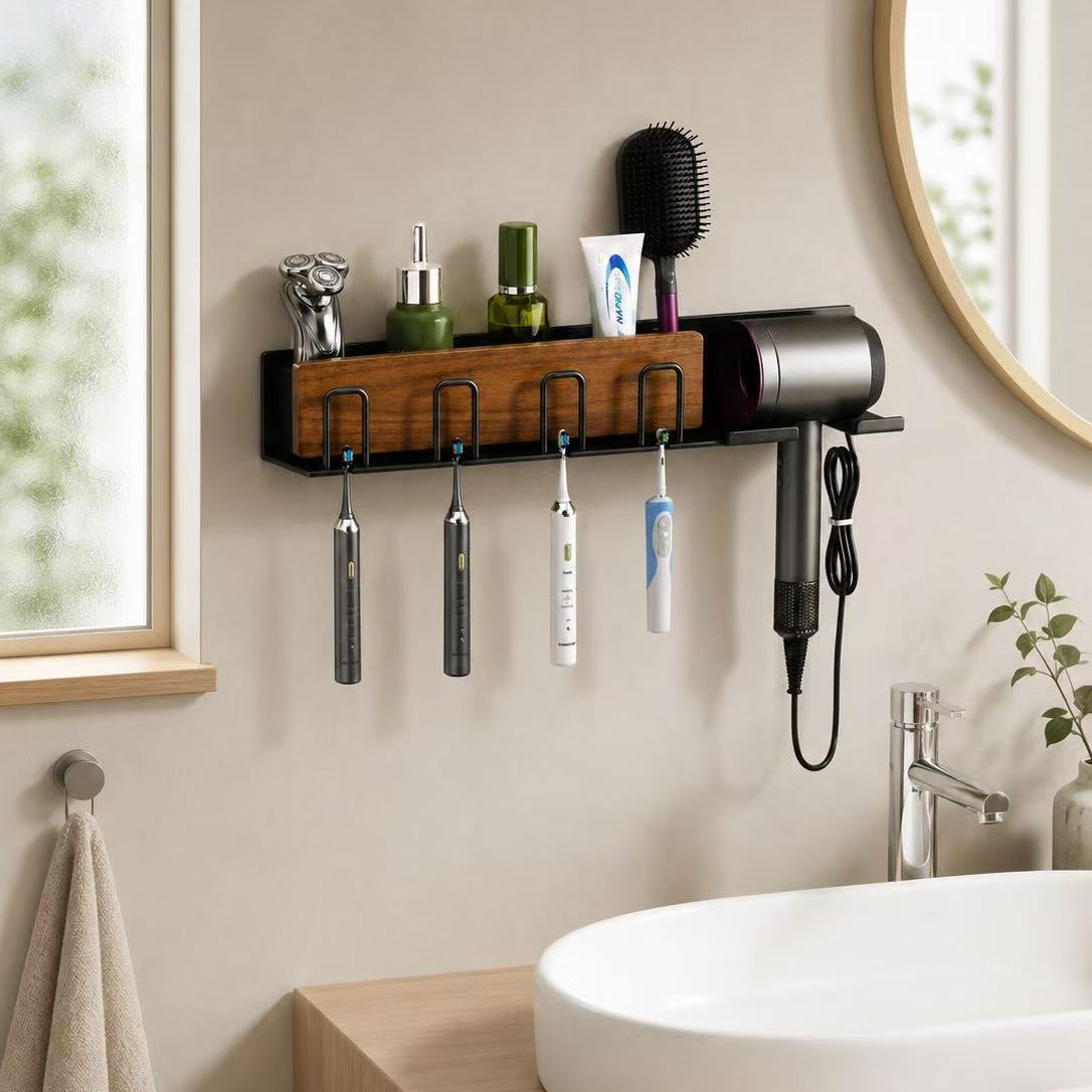 Orvixio wall-mounted bathroom organizer in a compact vanity setup