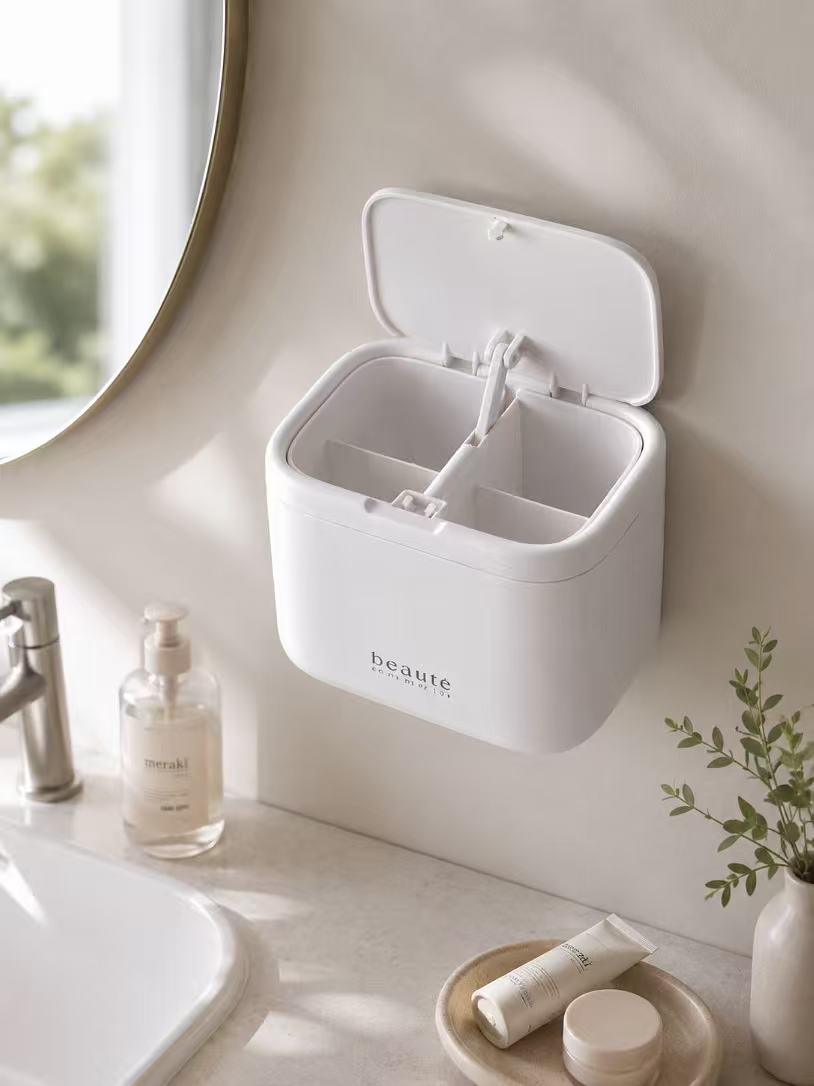 Open white cotton swab organizer showing four divided compartments