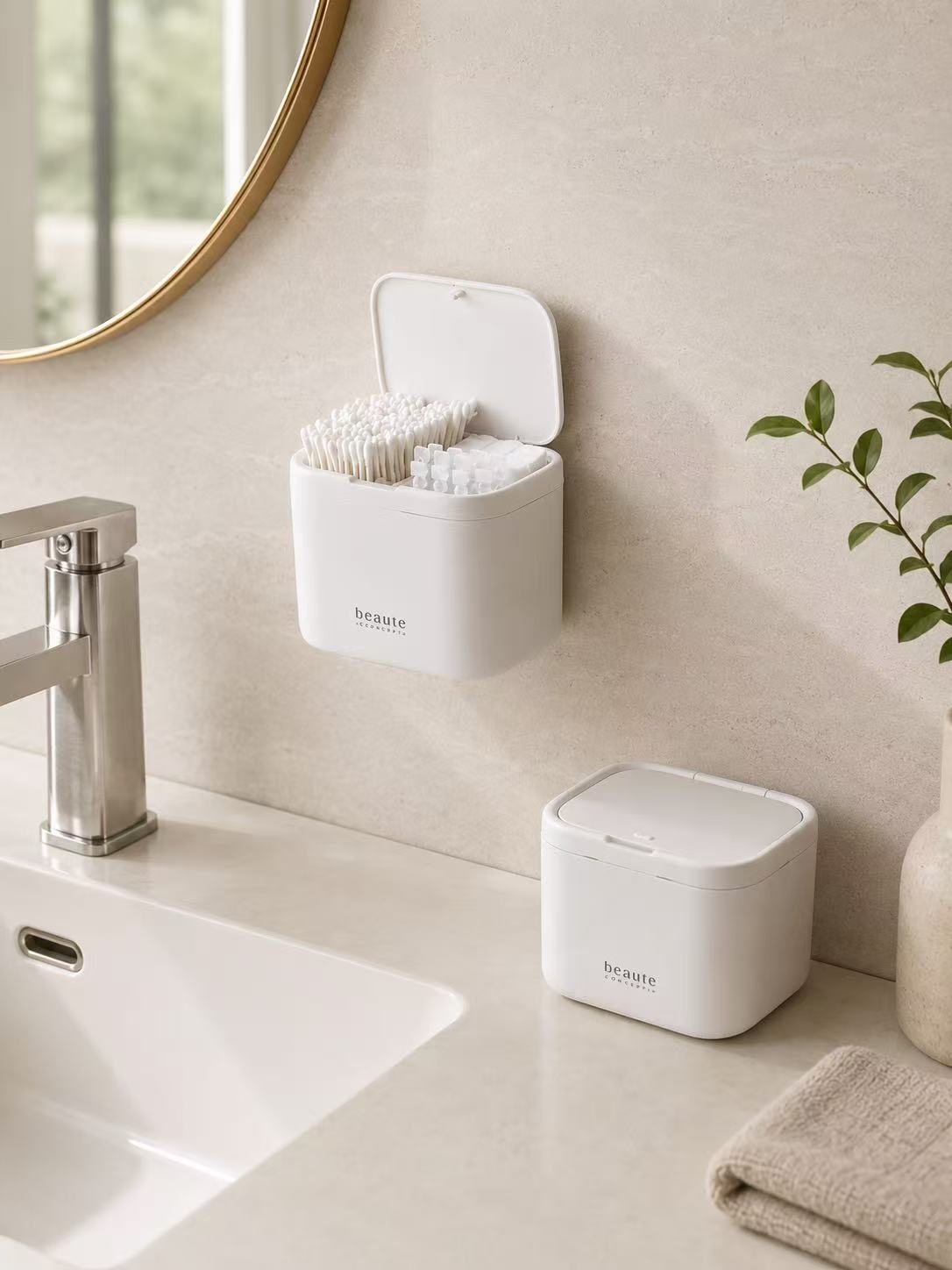 White cotton swab organizer shown wall mounted and standing on a bathroom counter
