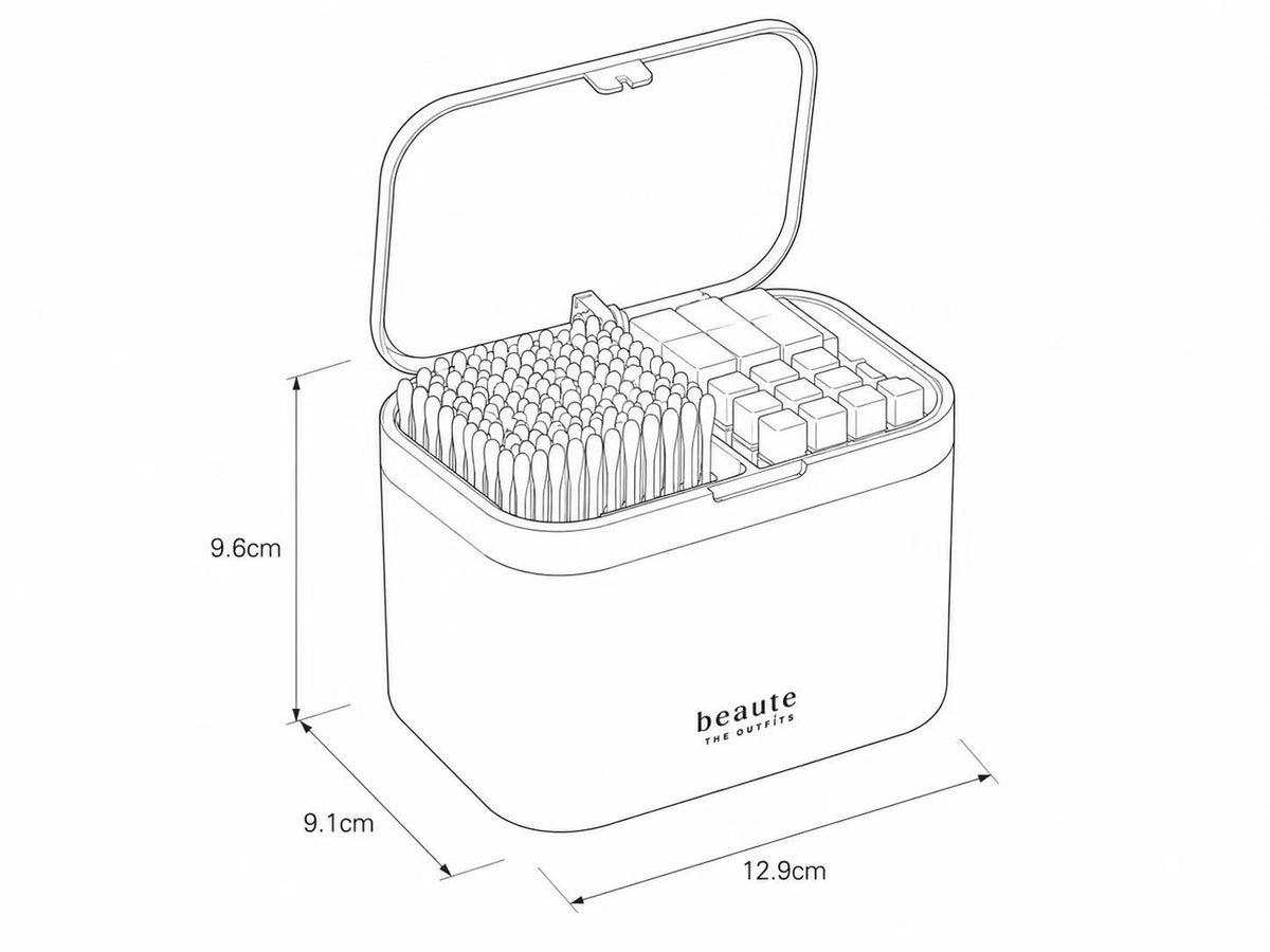 Cotton swab organizer size diagram: 12.9 by 9.1 by 9.6 centimeters