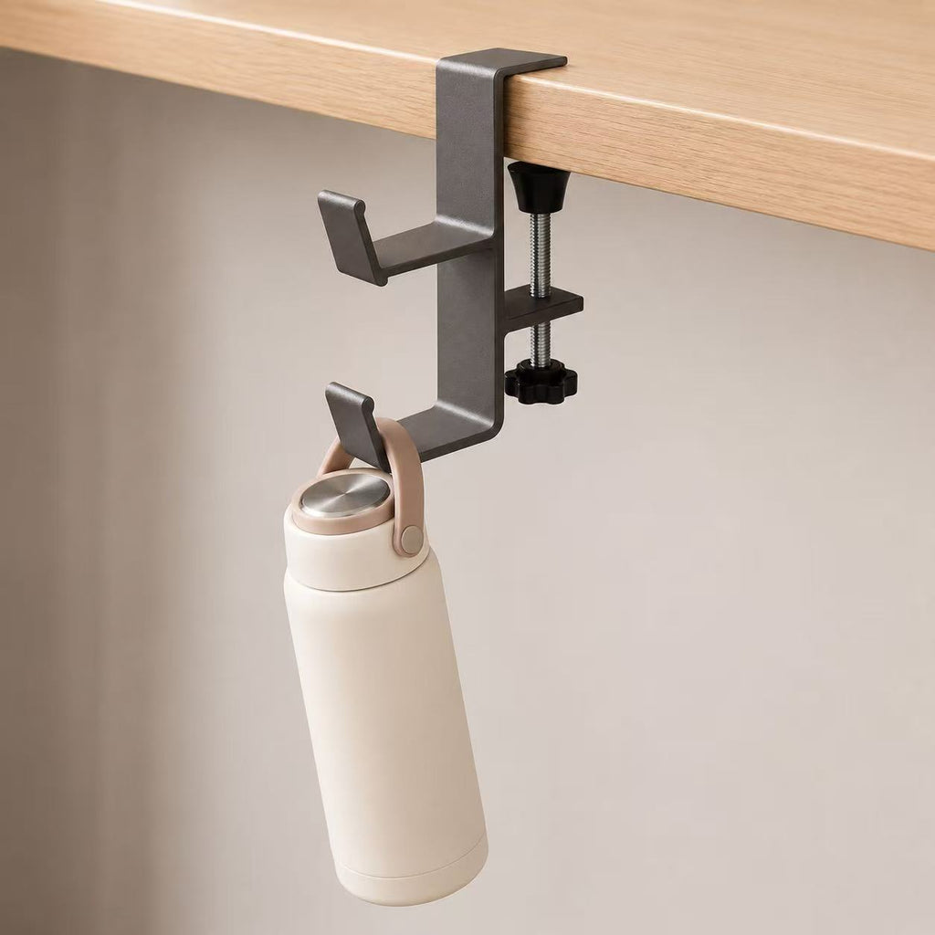 Dual-hook desk clamp holding a water bottle
