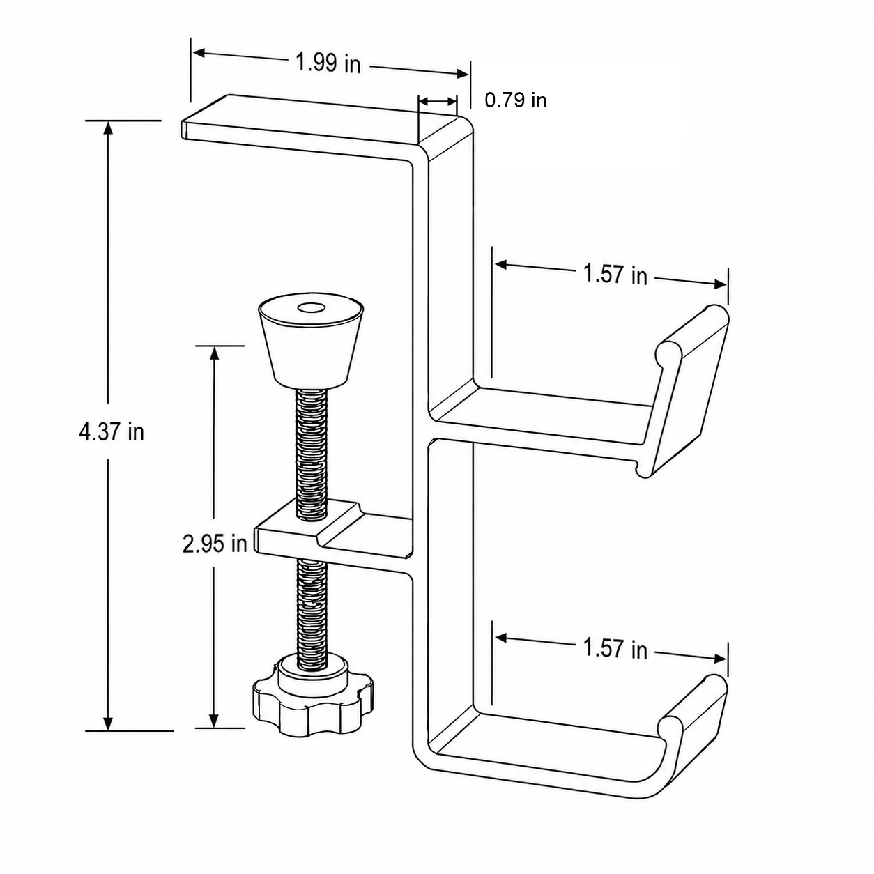 Clamp-on dual hook desk bag hanger dimensions: 1.99 x 0.79 x 4.37 inches