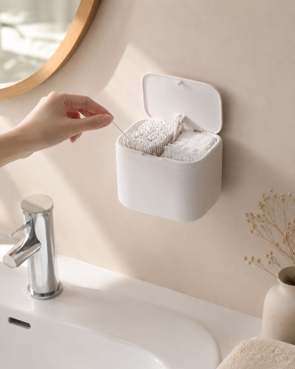 Easy access to cotton swabs in covered organizer