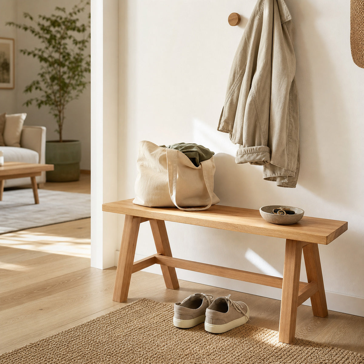 Minimal everyday entryway with a bench, tote and neutral shoes