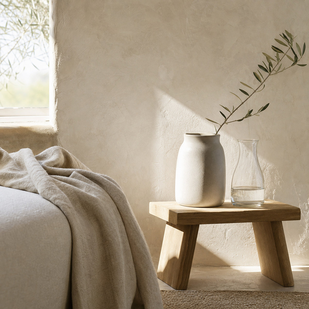 Natural linen, oak, stoneware and glass in a sunlit home