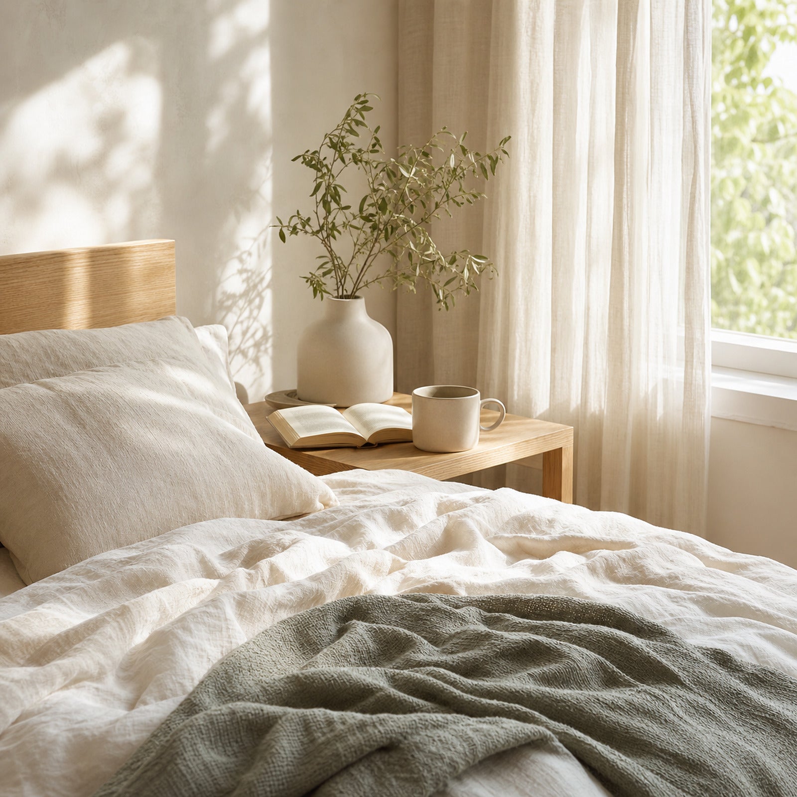 Calm sunlit bedroom with natural linen and pale oak