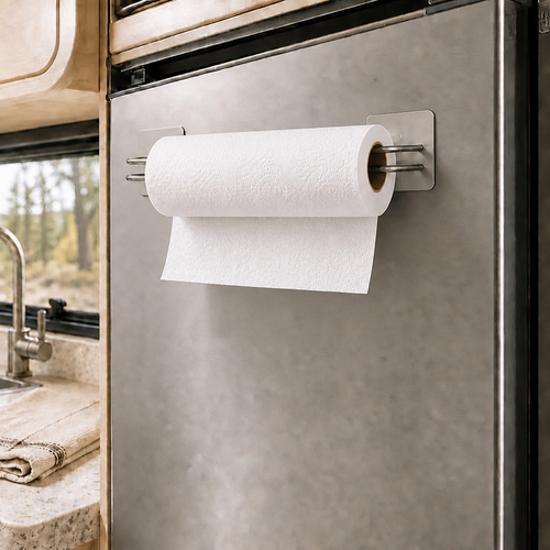 Silver two-piece magnetic paper towel holder mounted horizontally on an RV refrigerator