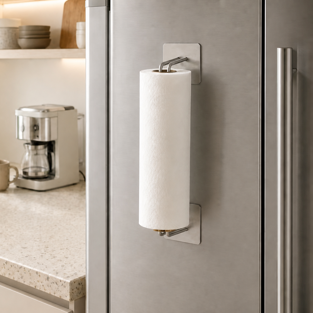 Silver magnetic paper towel holder mounted vertically on a refrigerator
