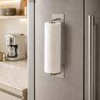 Silver magnetic paper towel holder mounted vertically on a refrigerator