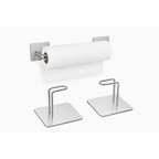 Silver two-piece magnetic paper towel holder shown installed and as separate pieces