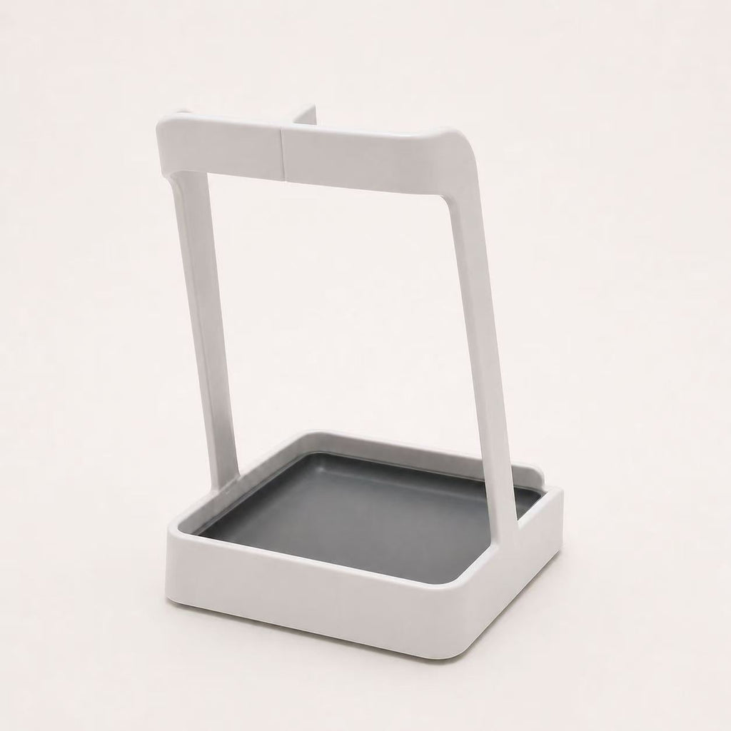 Rear three-quarter view of white multifunctional kitchen countertop stand
