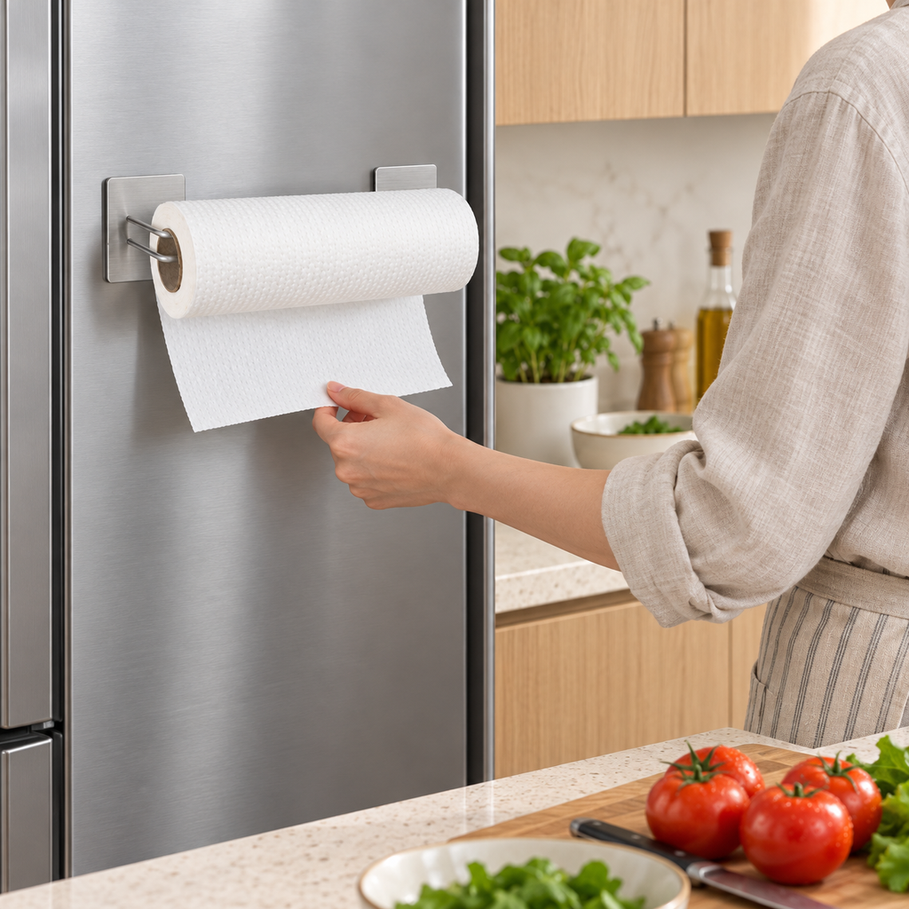 Person reaching for a paper towel from a silver magnetic holder on a refrigerator