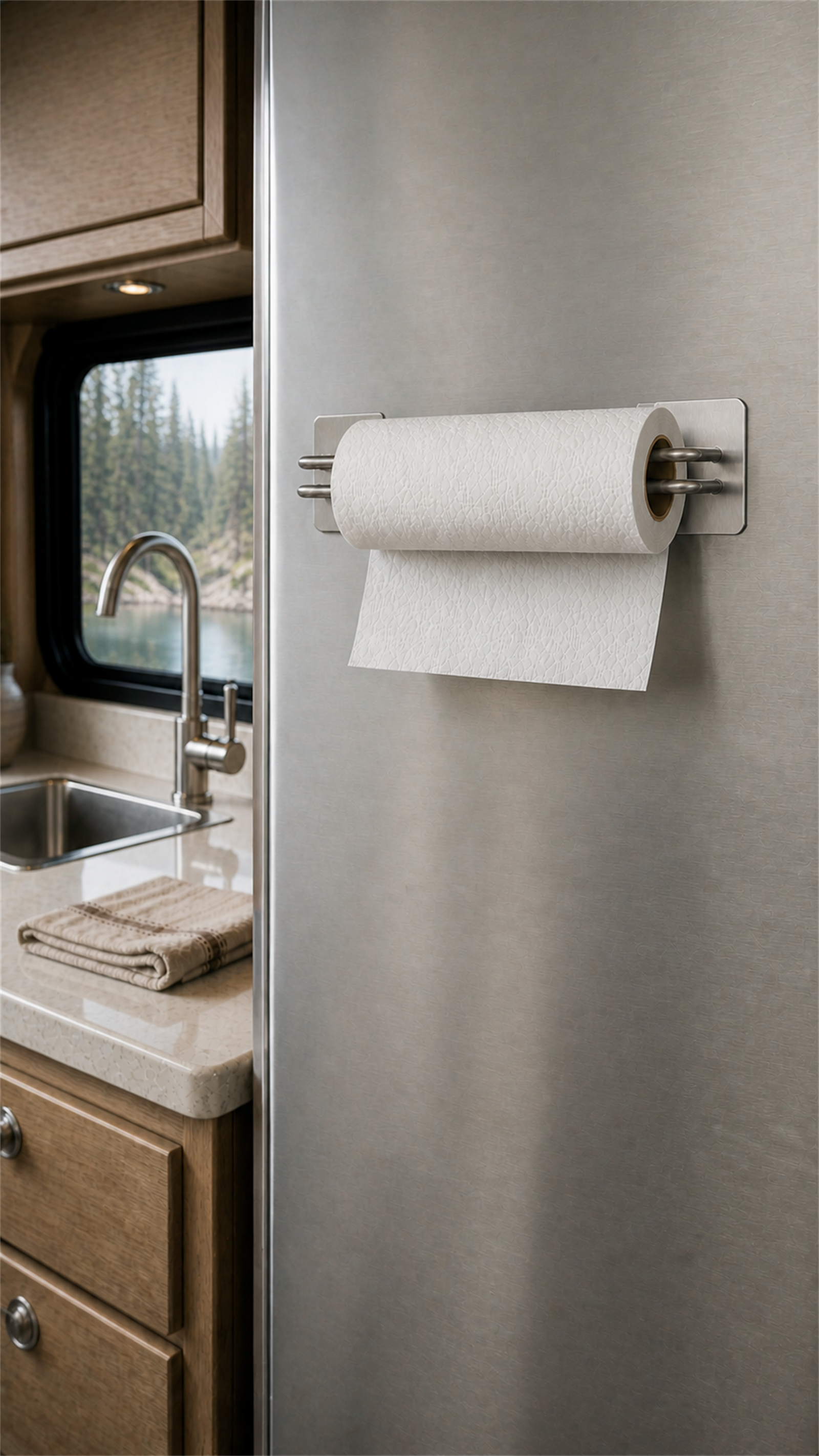 Orvixio magnetic paper towel holder in a realistic kitchen