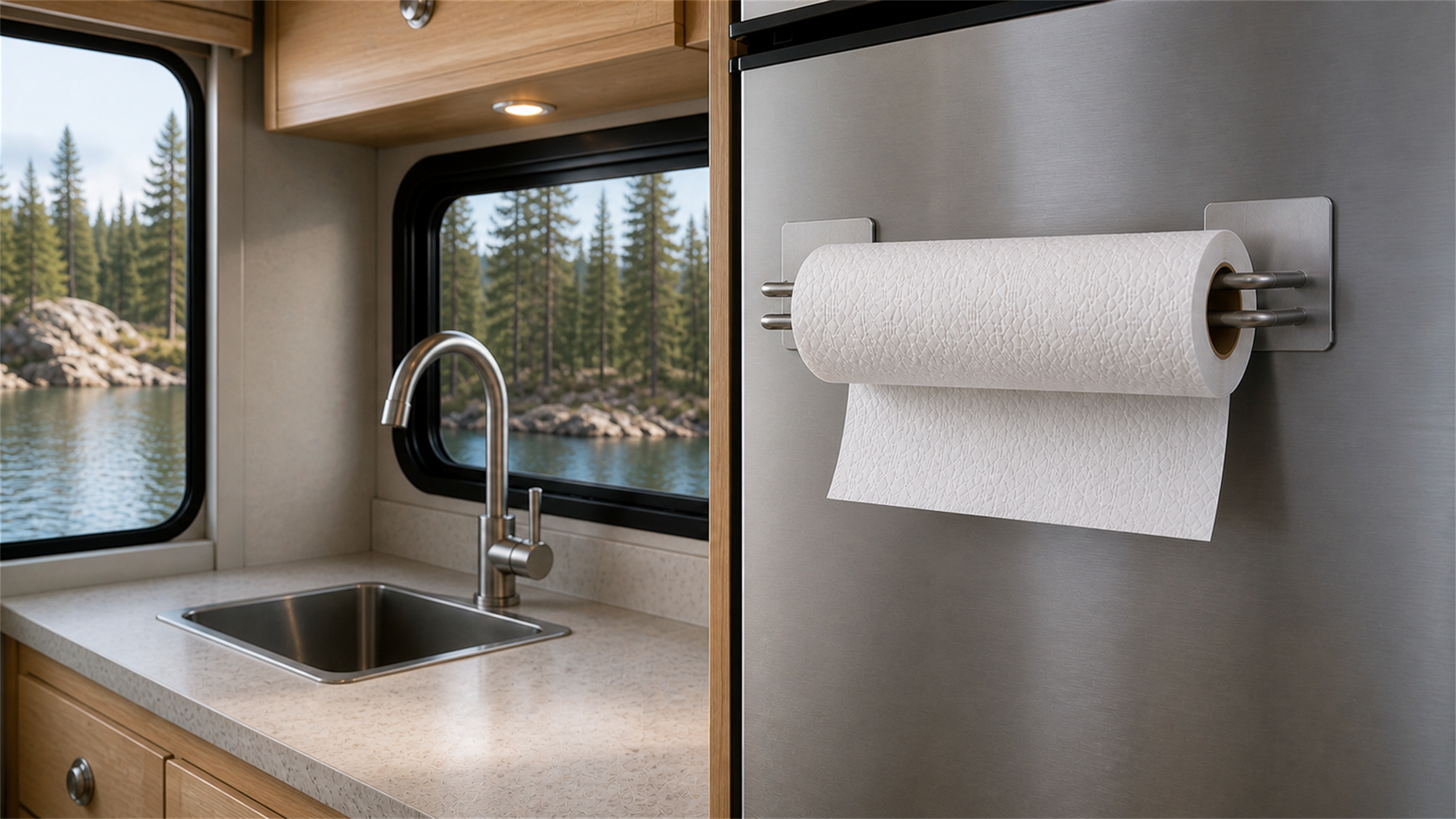 Orvixio magnetic paper towel holder in a realistic kitchen