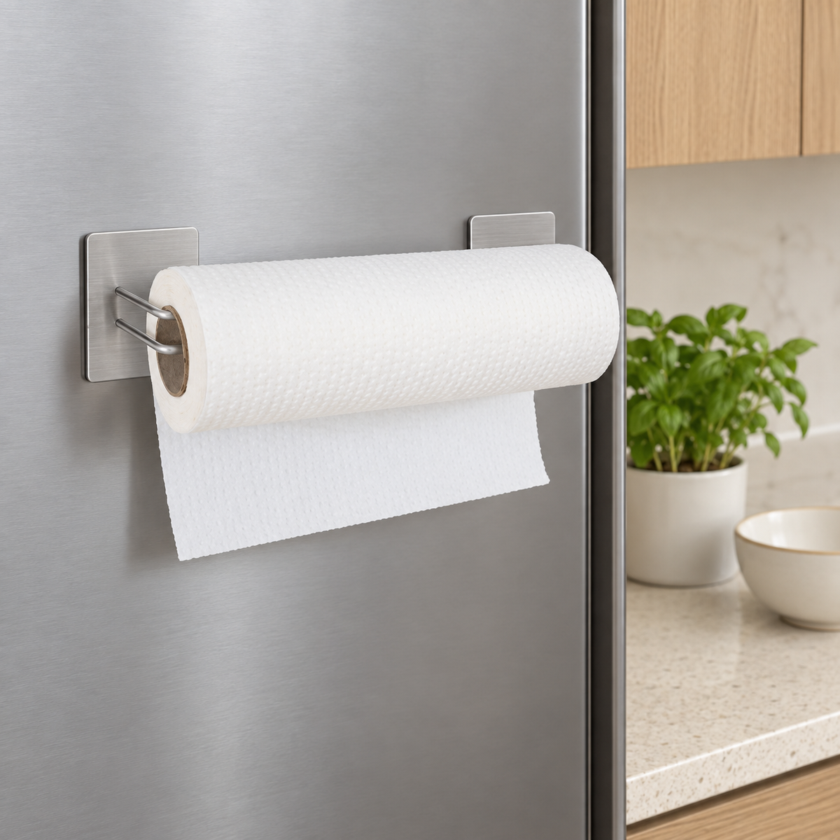 Silver two-piece magnetic paper towel holder mounted horizontally on a kitchen refrigerator