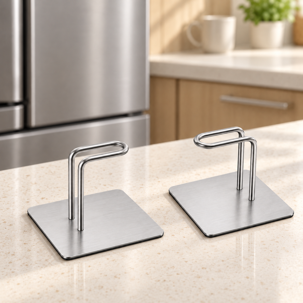 Two silver magnetic paper towel holder supports showing square bases and bent wire construction