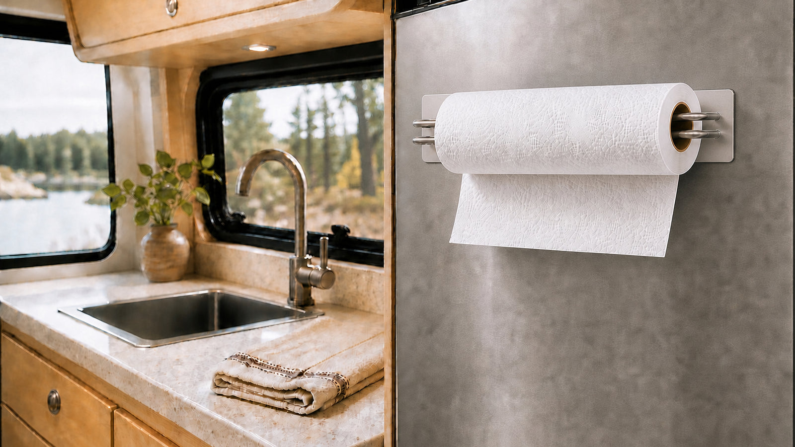 304 stainless steel magnetic paper towel holder in an RV kitchen