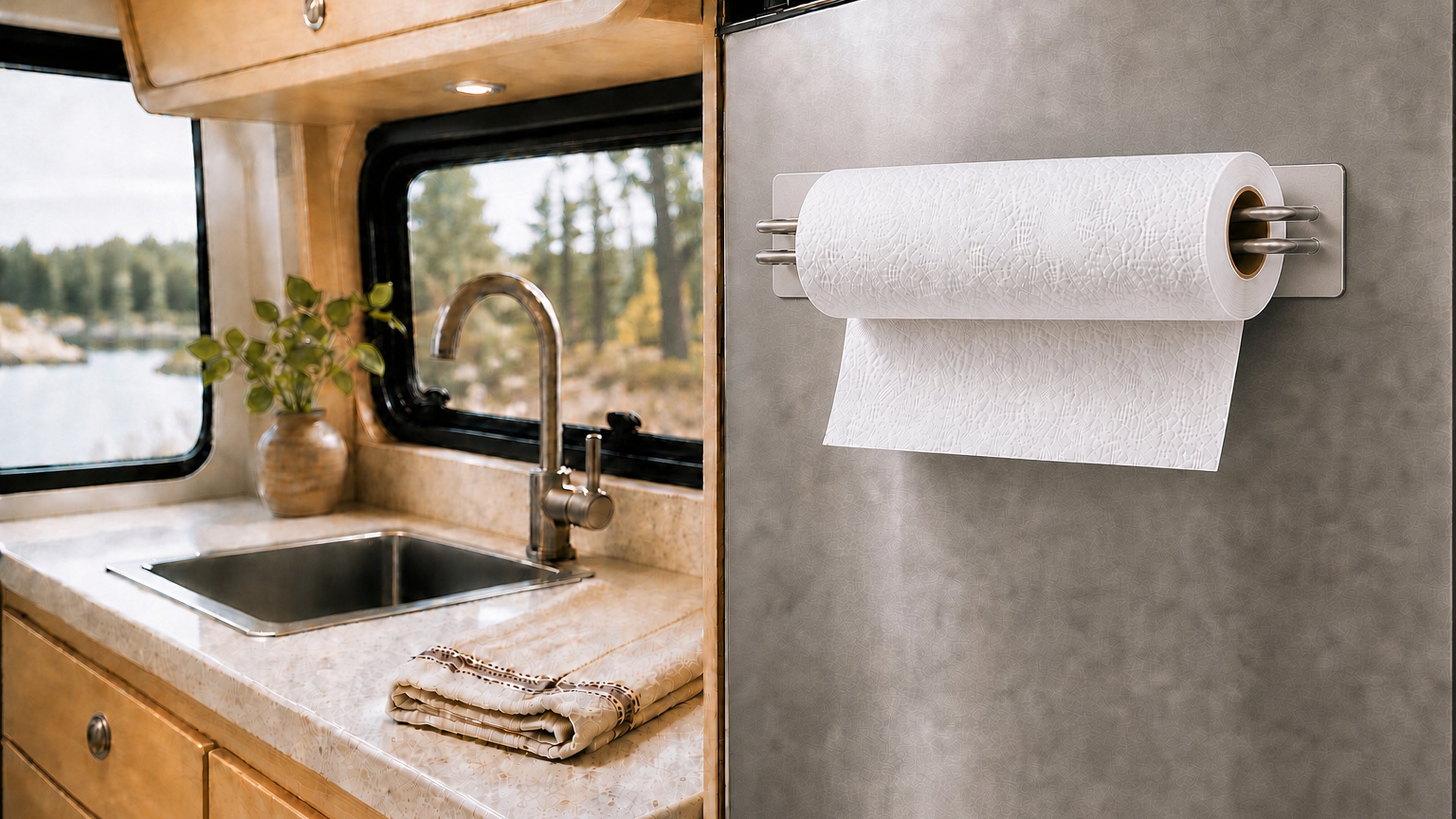 304 stainless steel magnetic paper towel holder in an RV kitchen