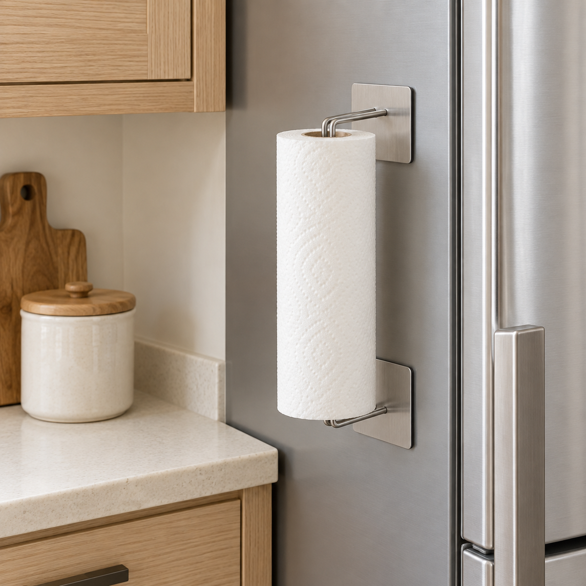 Silver magnetic paper towel holder mounted vertically beside a kitchen counter