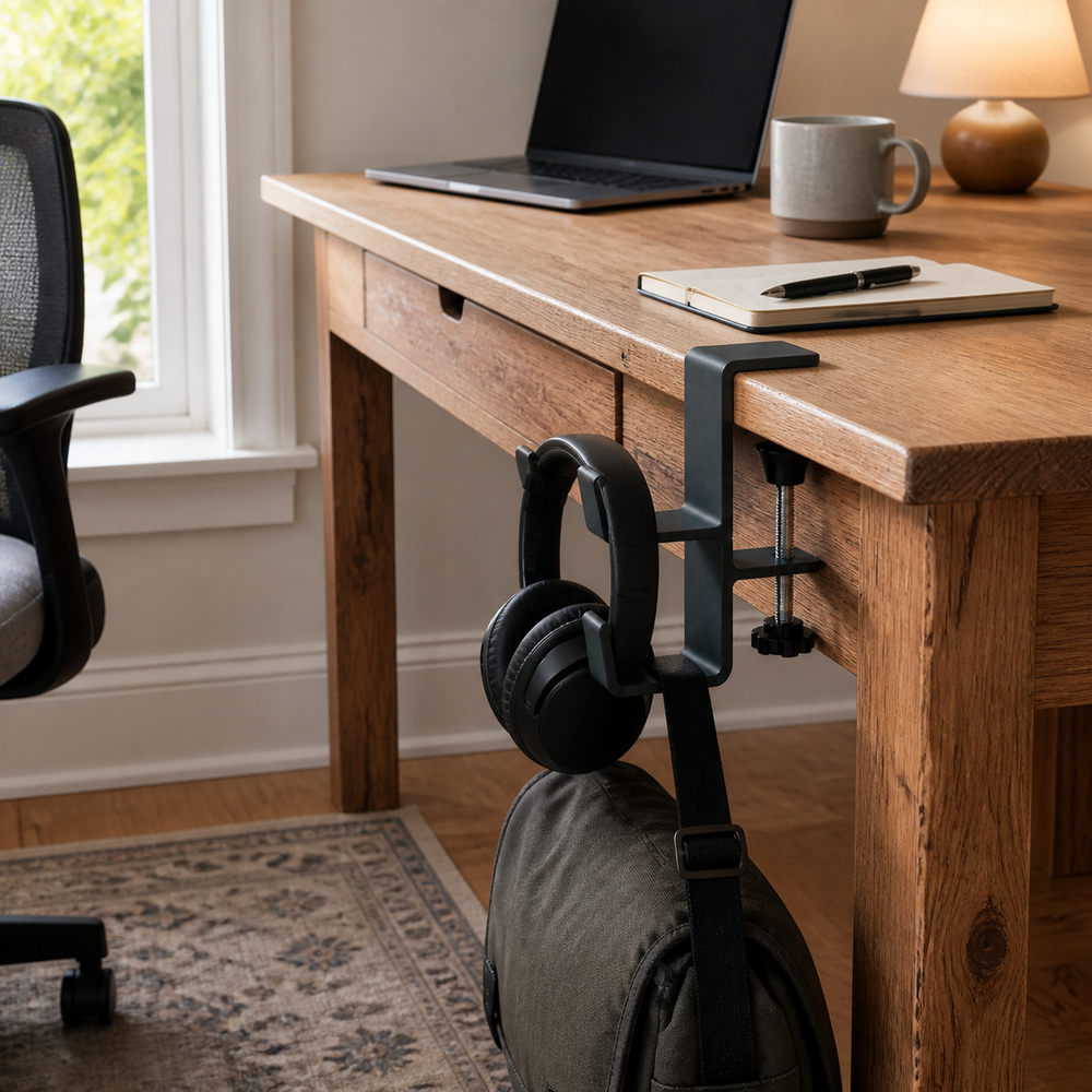 Orvixio dual hook holding headphones and a work bag beside a home office desk