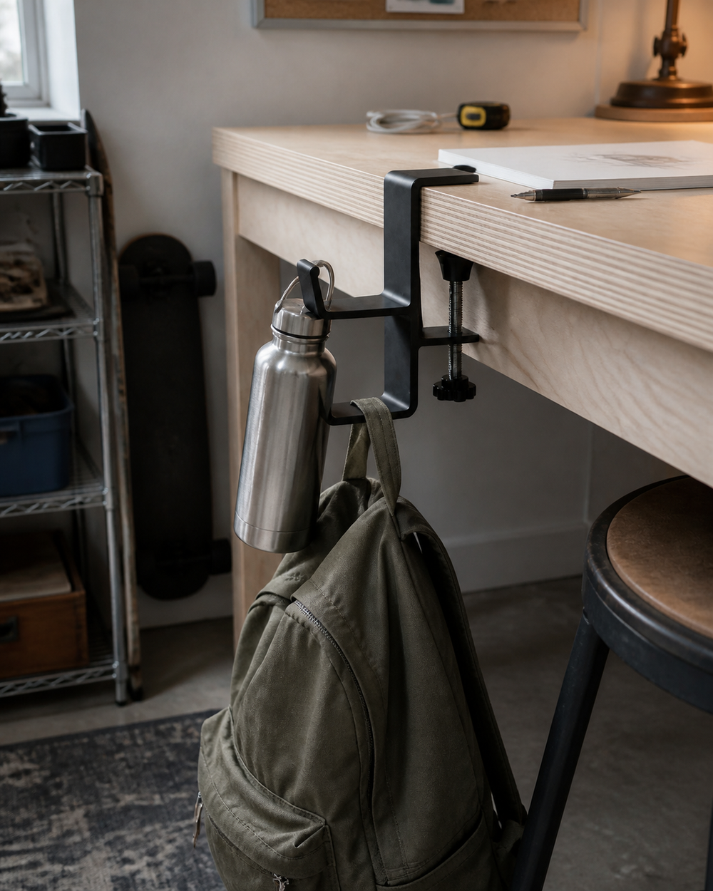 Orvixio dual hook holding a water bottle and backpack under a workbench