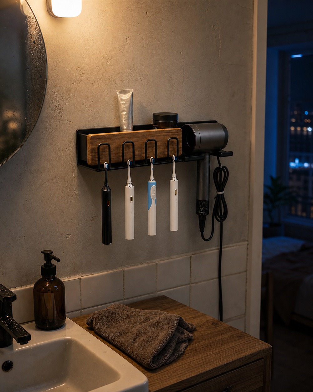 Orvixio four-hook bathroom organizer in a small apartment at night