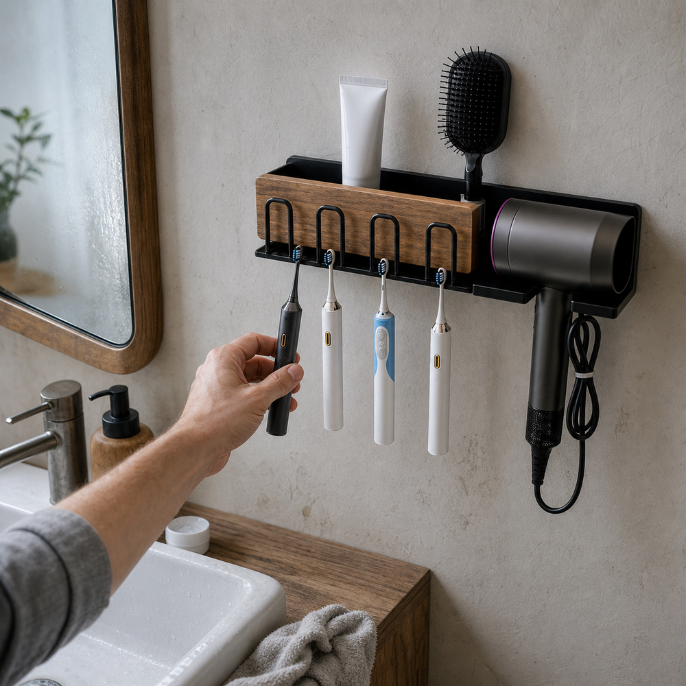Orvixio four-hook bathroom organizer holding four electric toothbrushes and a hair dryer