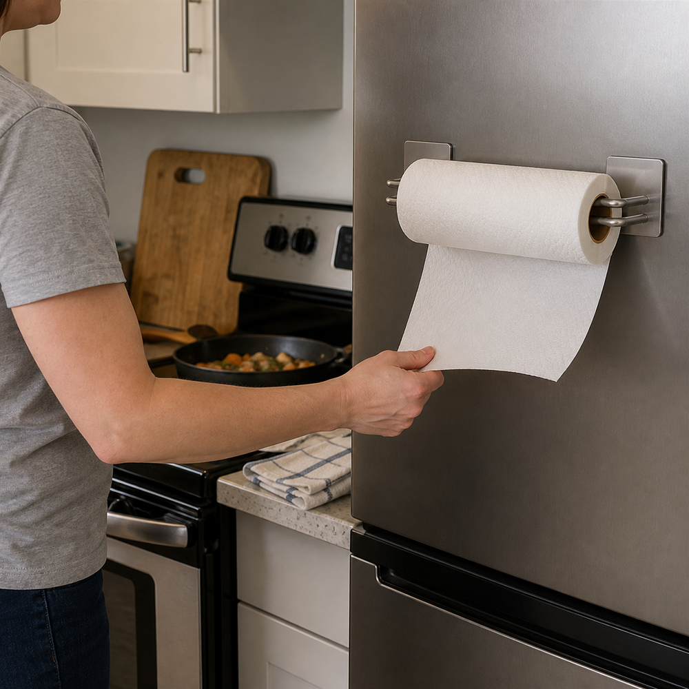Orvixio magnetic paper towel holder in use on a stainless steel refrigerator