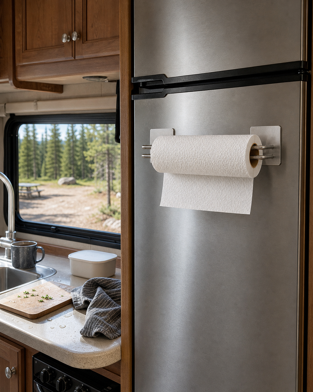 Orvixio magnetic paper towel holder mounted on an RV refrigerator
