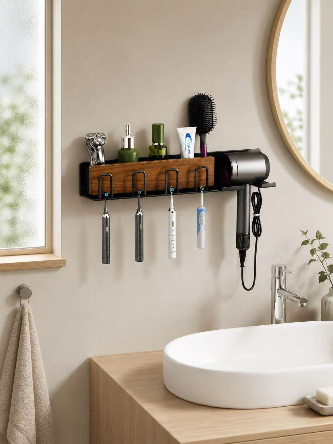 Black wall-mounted bathroom organizer holding toothbrushes, grooming tools and a hair dryer above a vanity