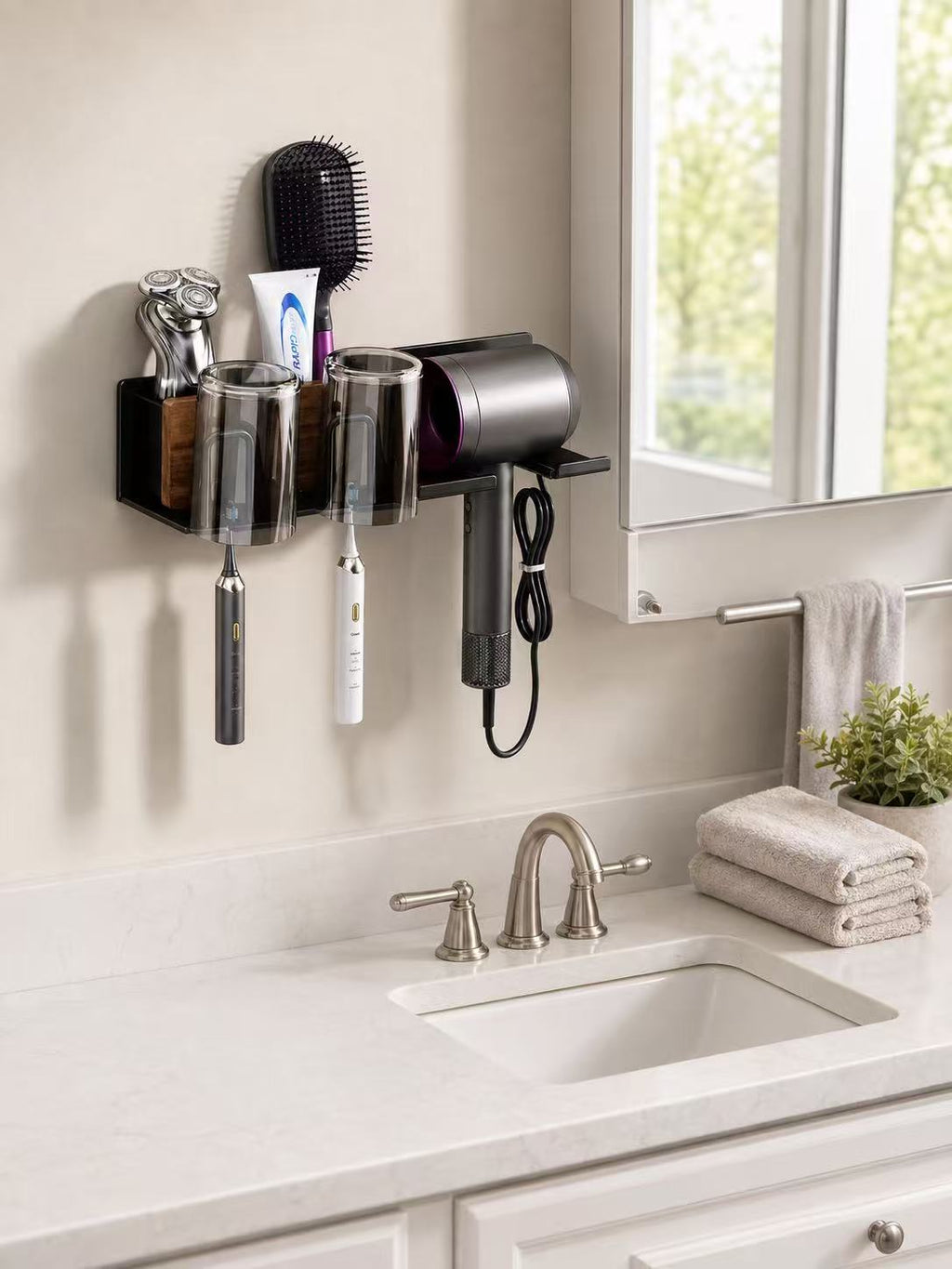 Black bathroom organizer with covered toothbrush cups and hair dryer holder mounted beside a mirror