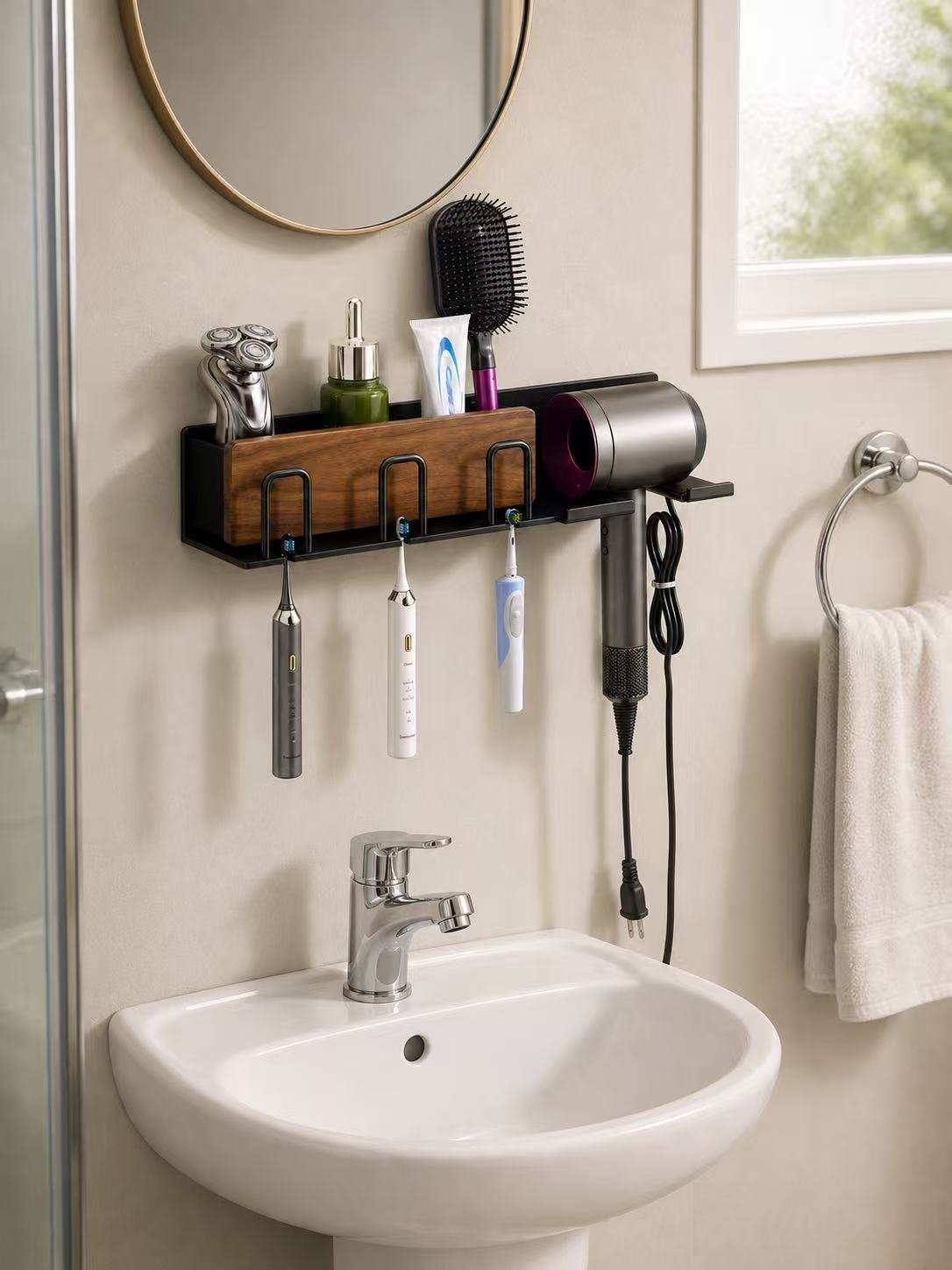 Black wall-mounted bathroom organizer with three toothbrush slots, storage shelf and hair dryer holder