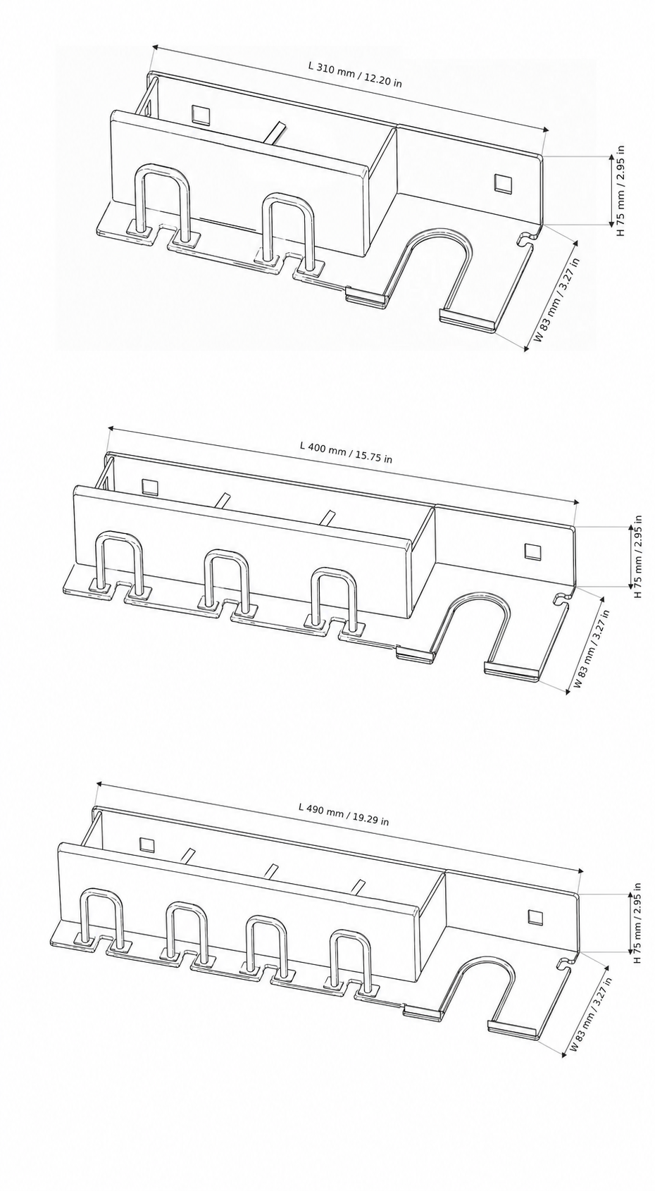 Size guide showing 310 mm, 400 mm, and 490 mm wall-mounted bathroom organizer dimensions