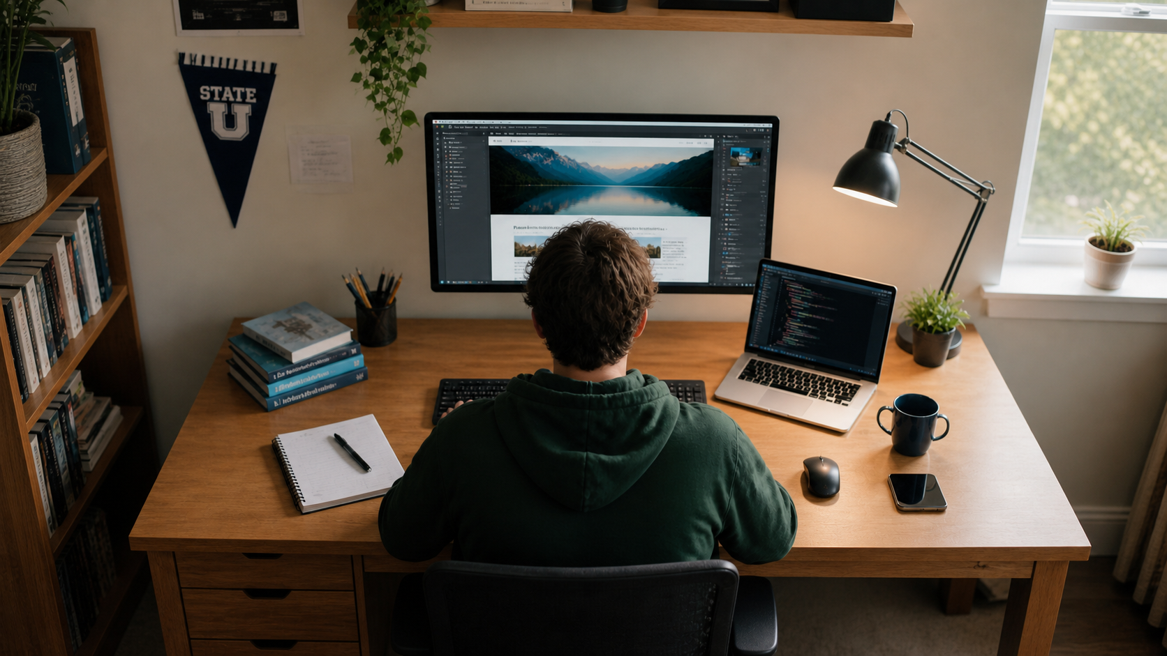 A university student building Orvixio at a desk with a computer and books